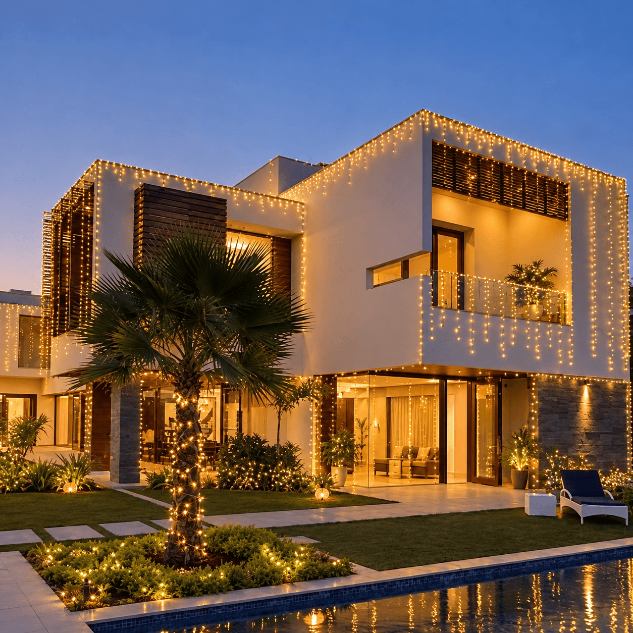 Beautifully decorated home with warm LED festive lights for Diwali — professional Diwali lighting decoration in Delhi