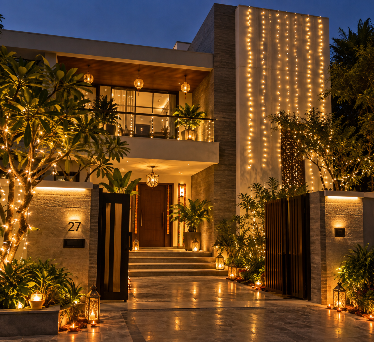 Diwali house lighting decoration in Delhi — festive entrance and gate lighting