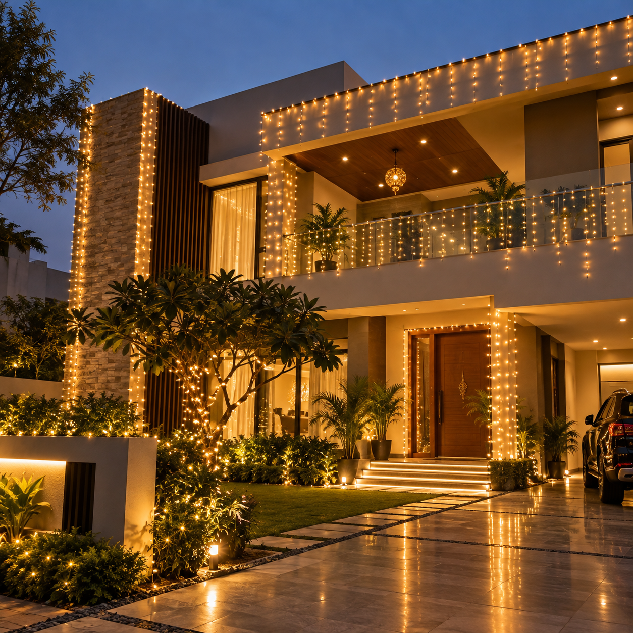 Festive Diwali lighting decoration for home exterior in Delhi